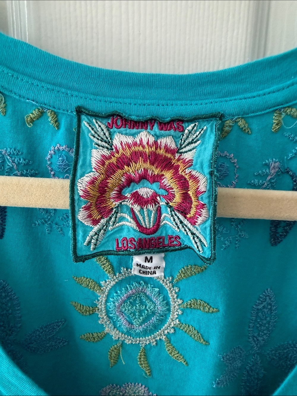 Johnny Was Teal Short-Sleeve Embroidered V-Neck Top - Picture 2 of 5